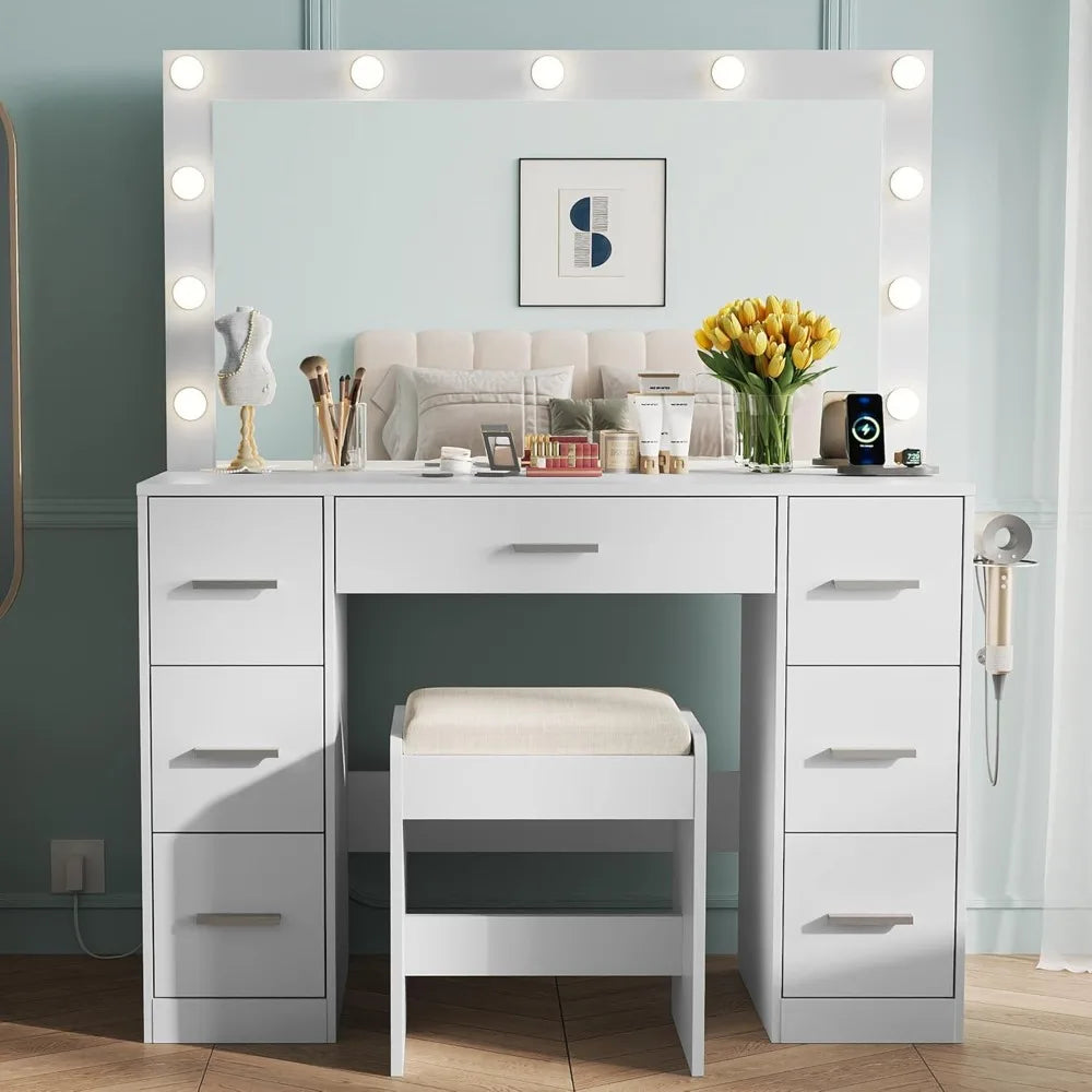 Illuminated White Makeup Vanity Desk With Mirror And Seven Drawer Storage And Power Outlet For Bedroom