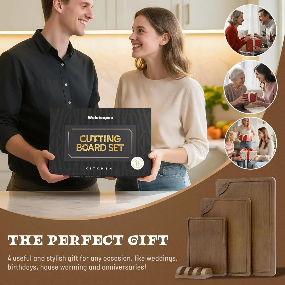 XL Bamboo Cutting Board Set Of 3 With Juice Grooves