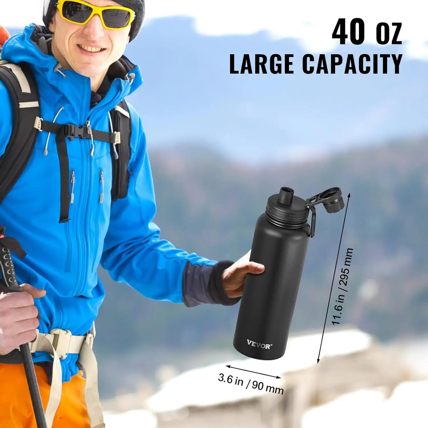 40 oz Insulated Water Bottle, Stainless Steel Camping & Hiking Hydration Flask, Sports Coffee Cup Double Walled,Black