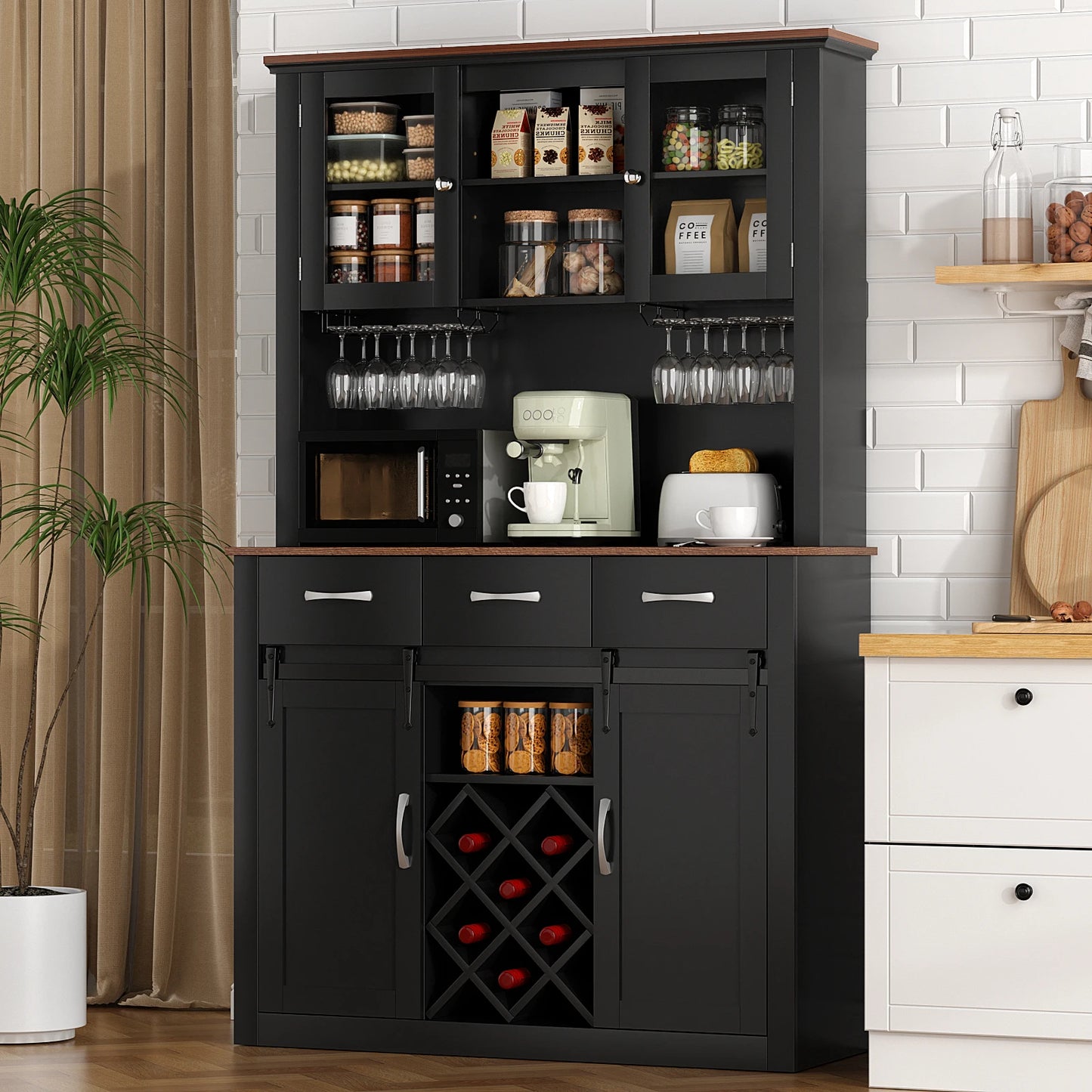 VOWNER 72 Inch Farmhouse Bar Cabinet With Sliding Barn Doors