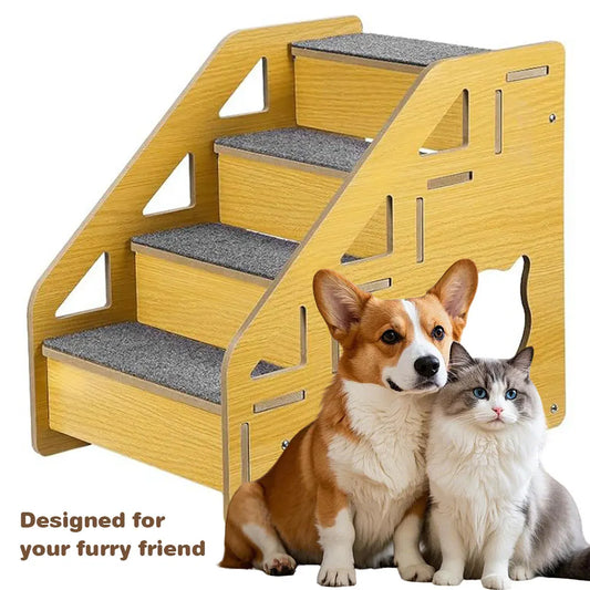 4-Step Wooden Pet Stairs Nonslip Carpeted Indoor Pet Steps Dog Stairs Ramp Wooden Pet Ladder for Dogs and Cats for Bed