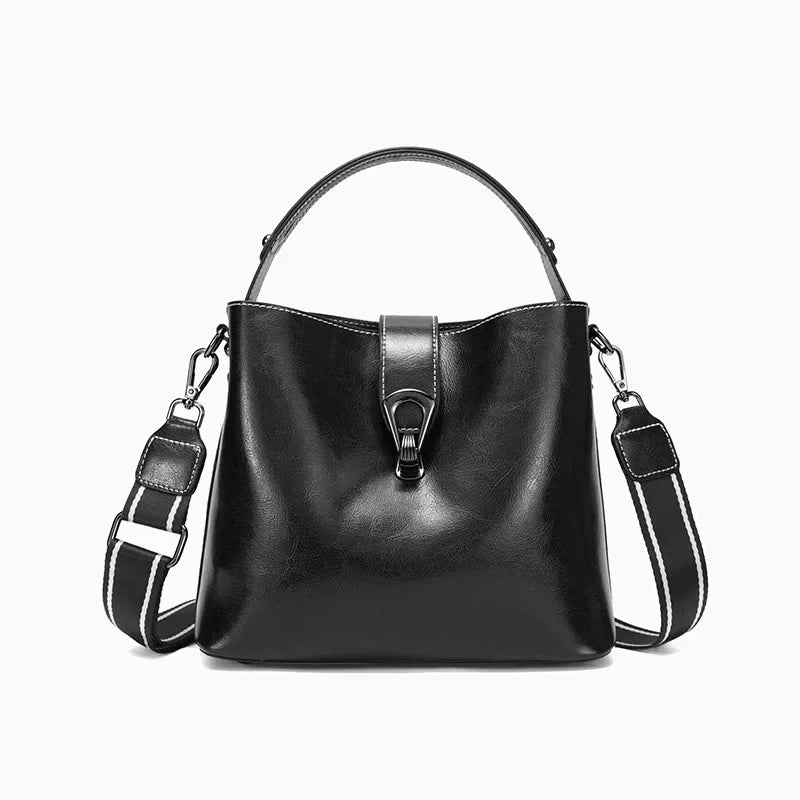 Real Oil Wax Leather Cowhide Ladies Bucket Bag Large Capacity Crossbody Tote