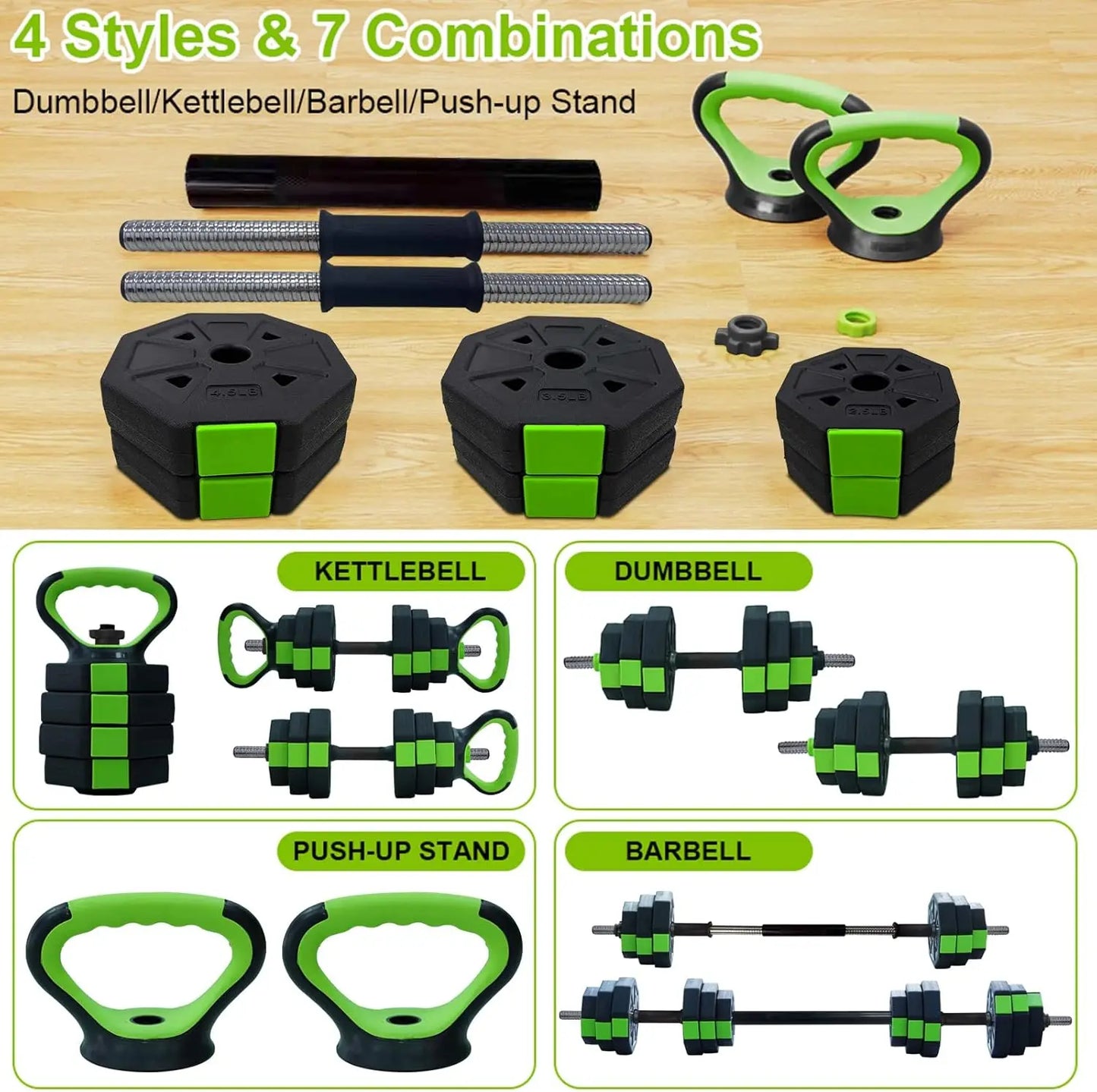 4 In 1 Adjustable Dumbbell Set 44 Lbs Kettlebell Barbell