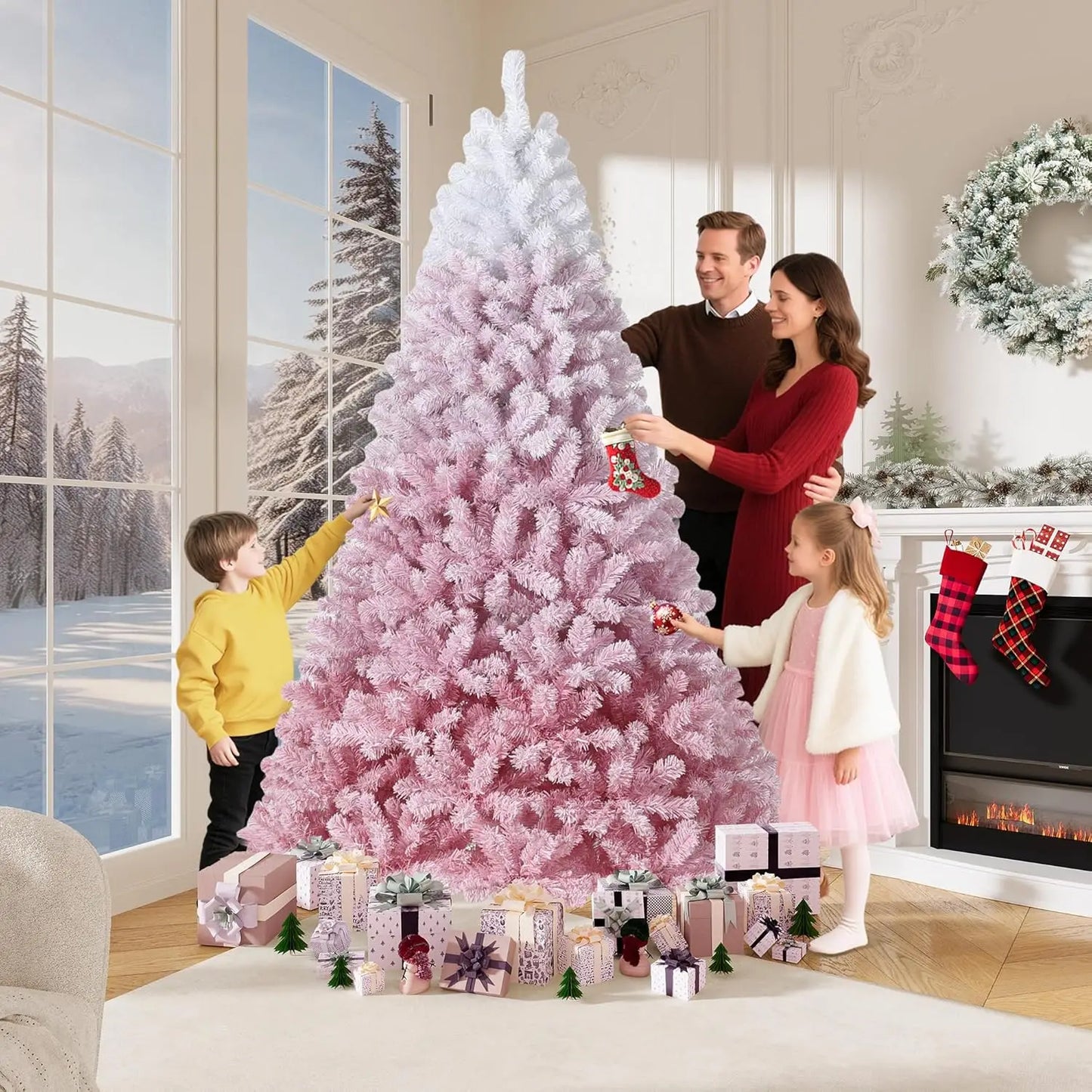 9 Foot Artificial Pre Lit Flocked Christmas Tree Pink Gradient for Home Decor