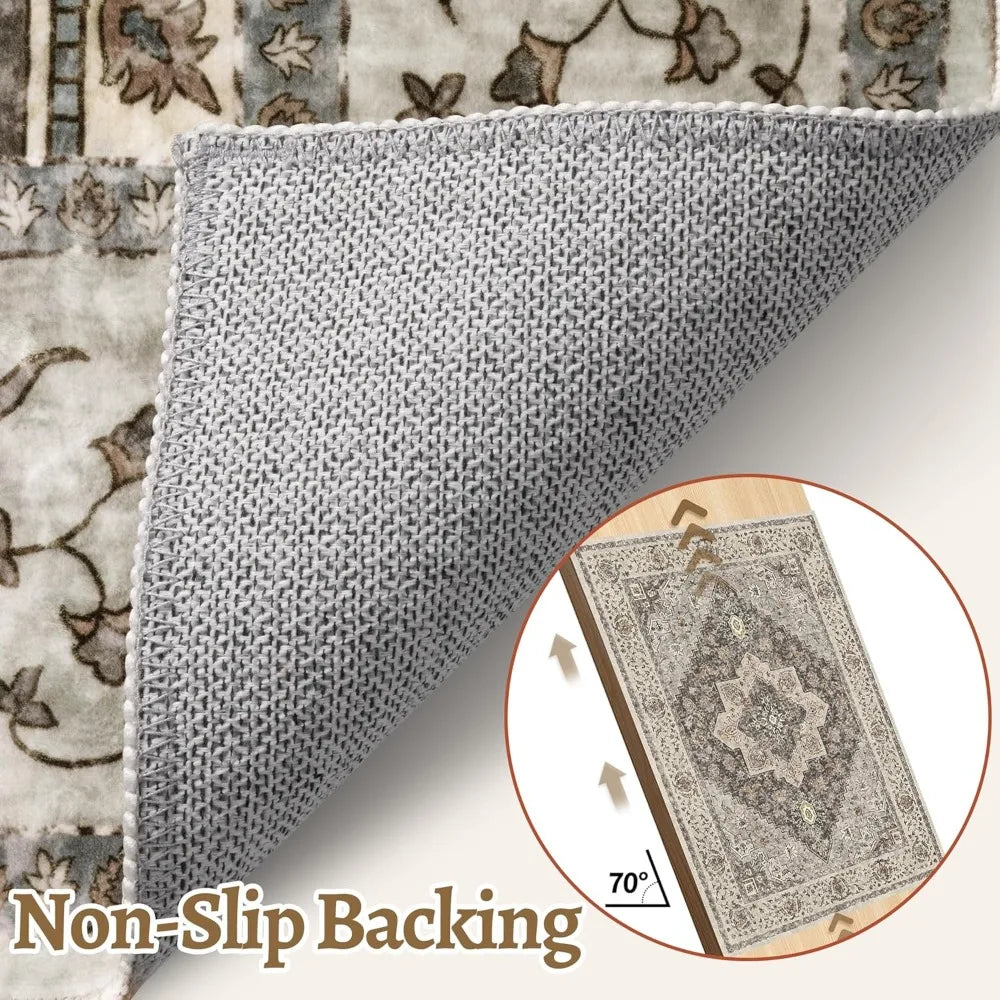 Vintage 8x10 Area Rug For Living Room Washable Indoor Non Slip Distressed Brown Grey Print Design