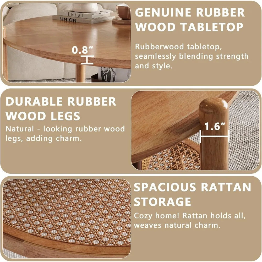 32 Inch Round Rattan Coffee Table Two Tier Storage Shelf