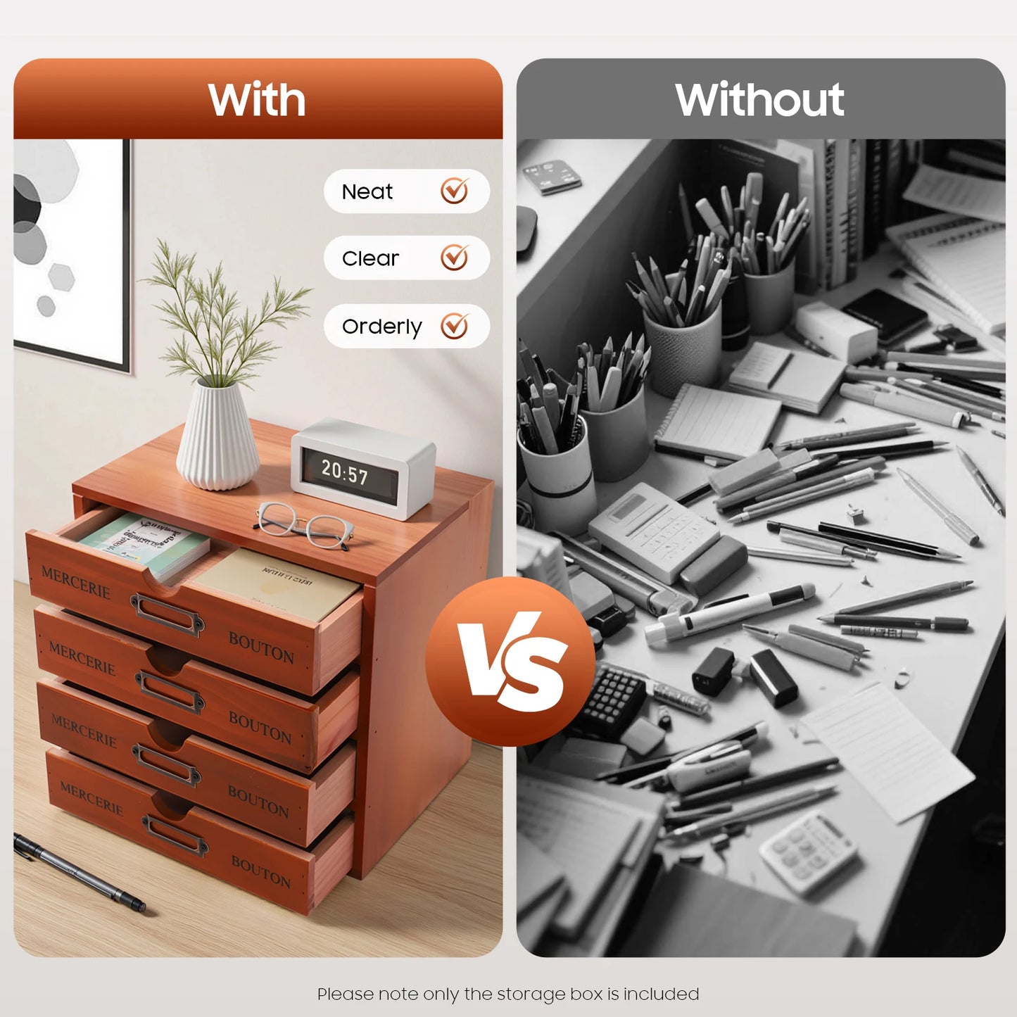 Antique Pine Wood 4 Drawer Desktop Storage Cabinet Unit