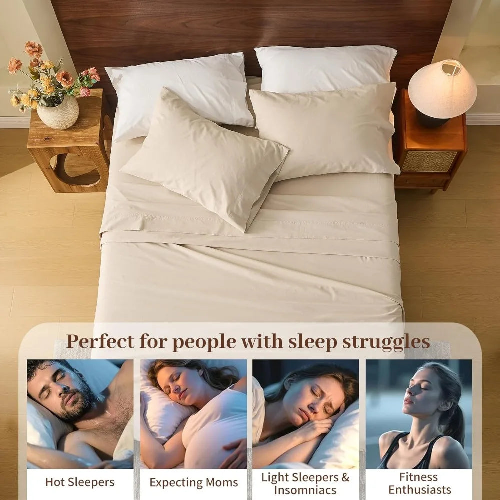 Meishang 100 Linen Sheets Queen Size 4 Piece Set Breathable