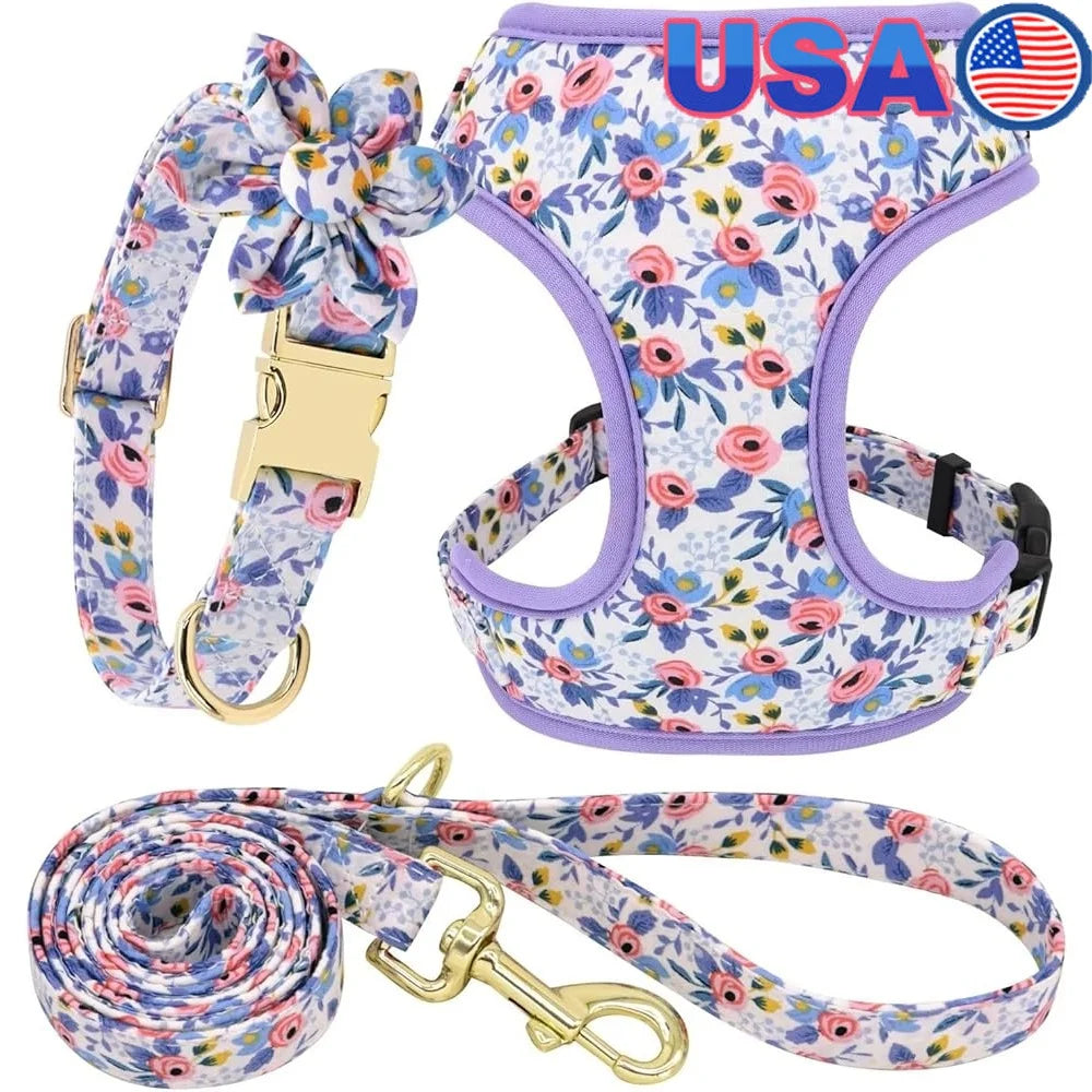 Cute Dog Harness Leash Collar Set Floral Mesh Vest Puppies
