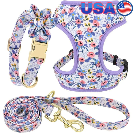 Cute Dog Harness Leash Collar Set Floral Mesh Vest Puppies