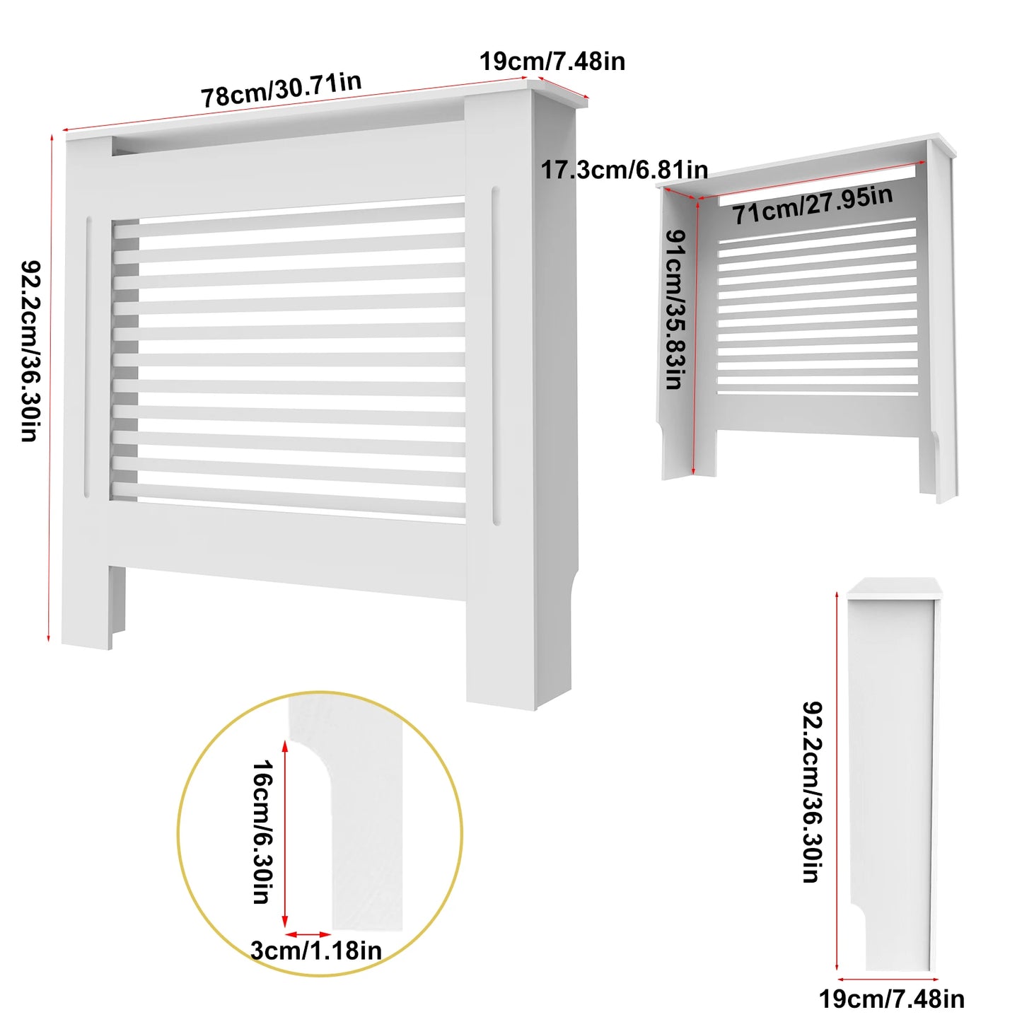 Tall White Wood Radiator Cover Cabinet 92cm External Height Modern Heater Shelf